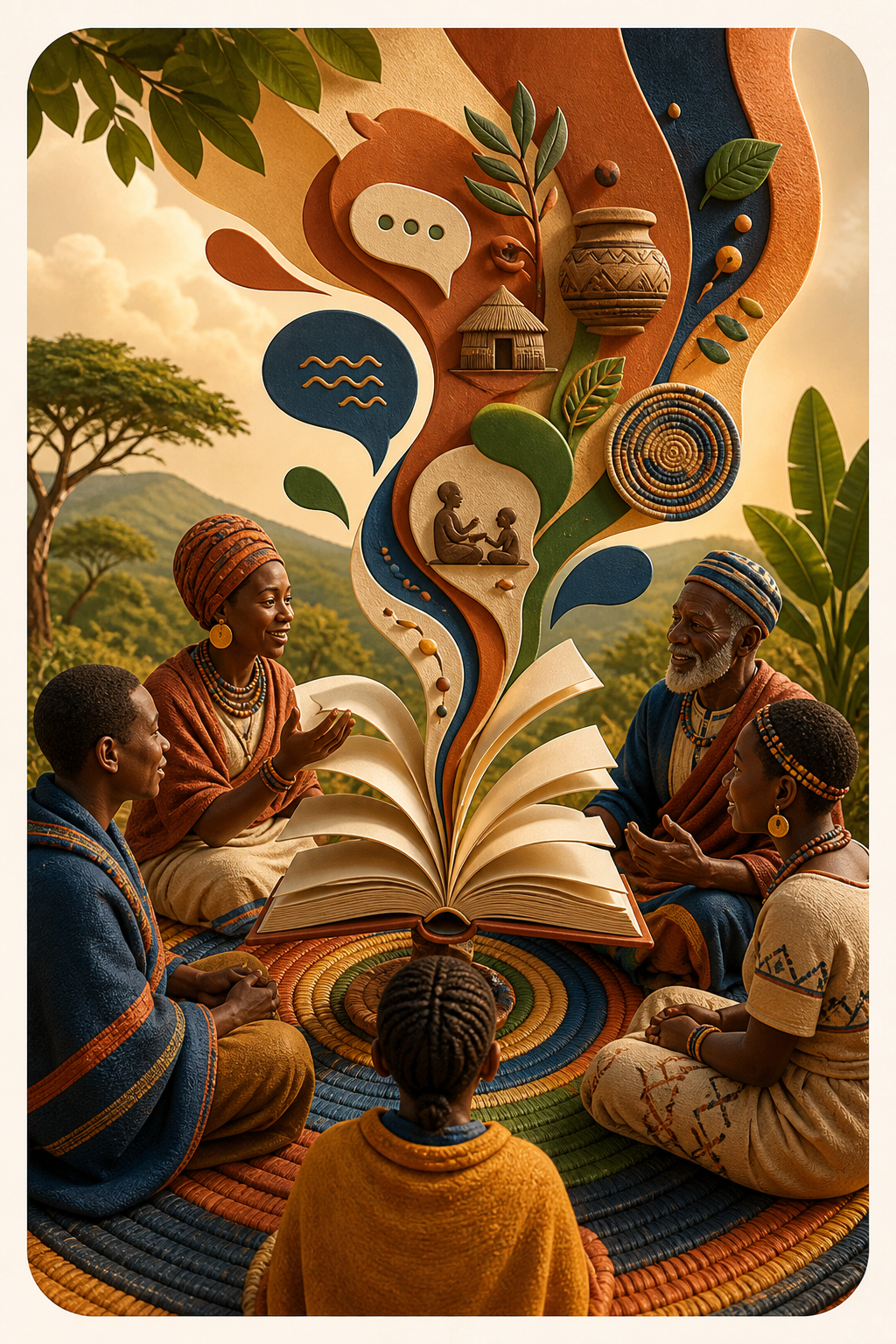 A community sharing stories and language around an open book