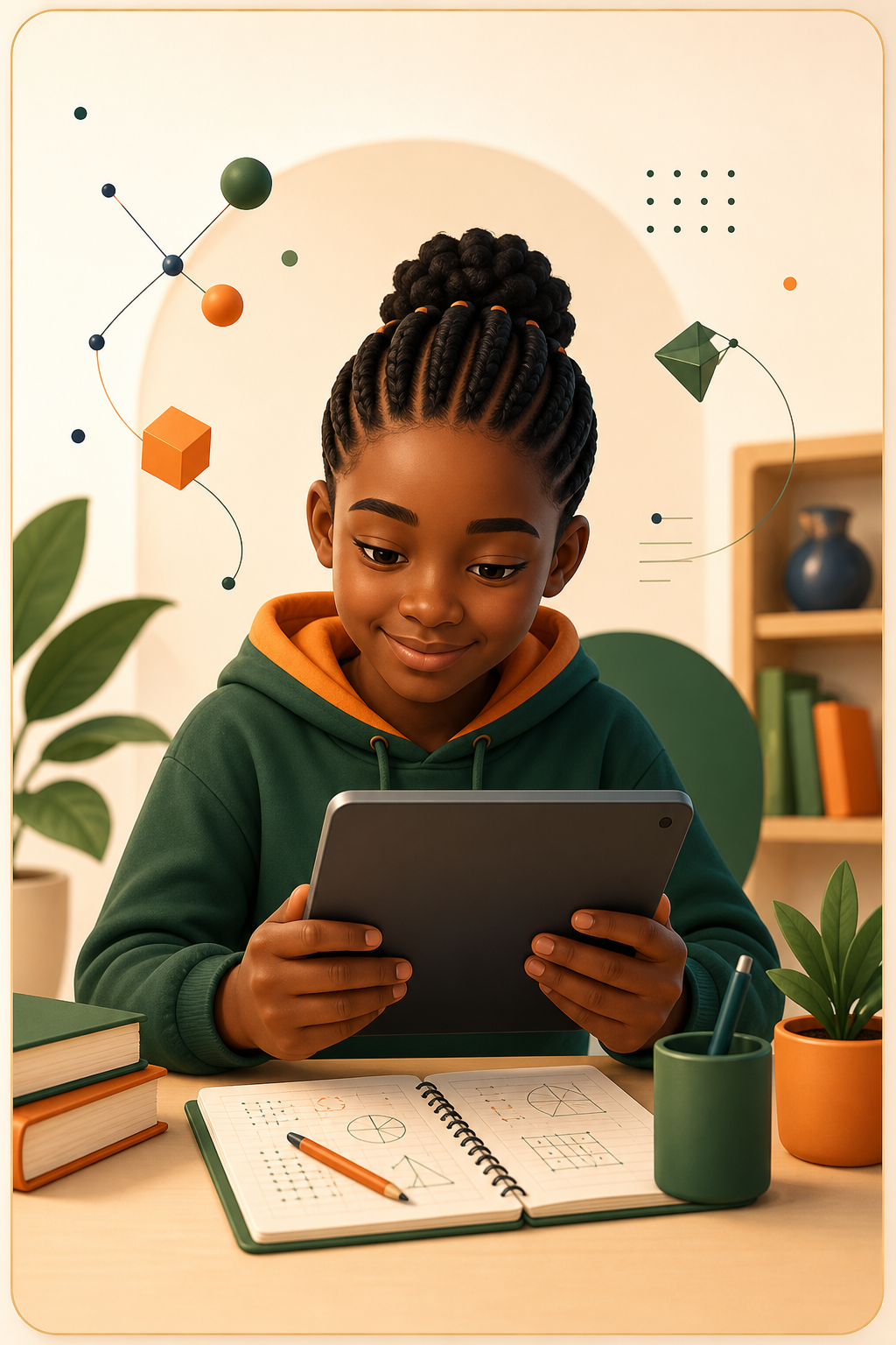 A Kenyan learner exploring a lesson on a tablet with a notebook open