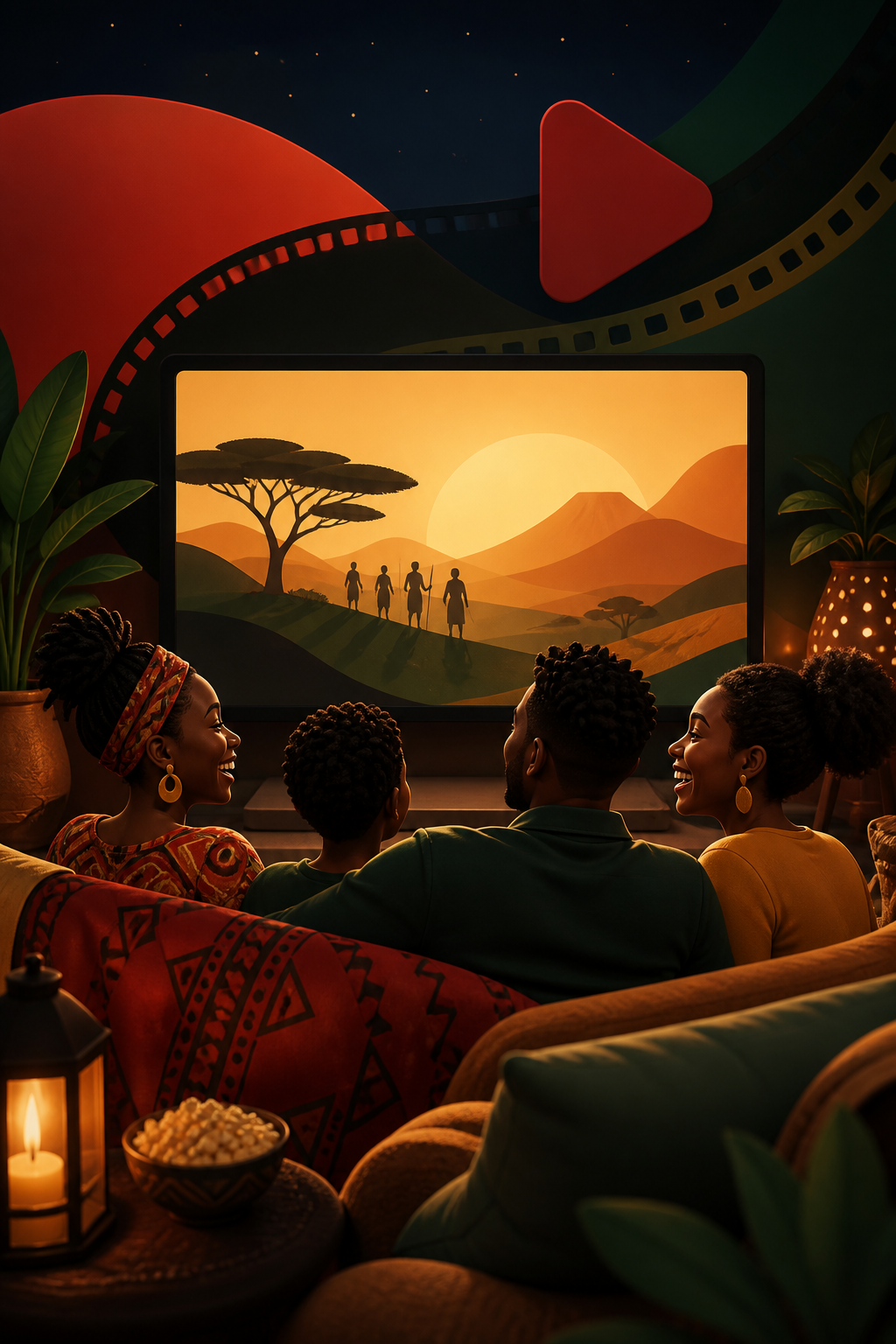 A Kenyan family watching an African film together at home